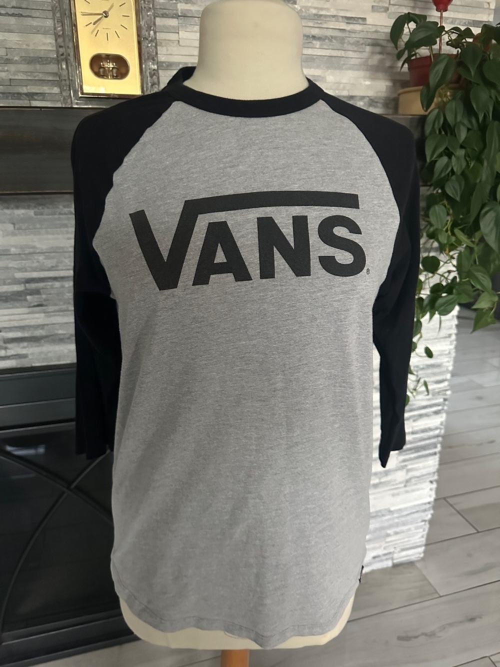 Vans Grey and Black Raglan Logo Shirt size S